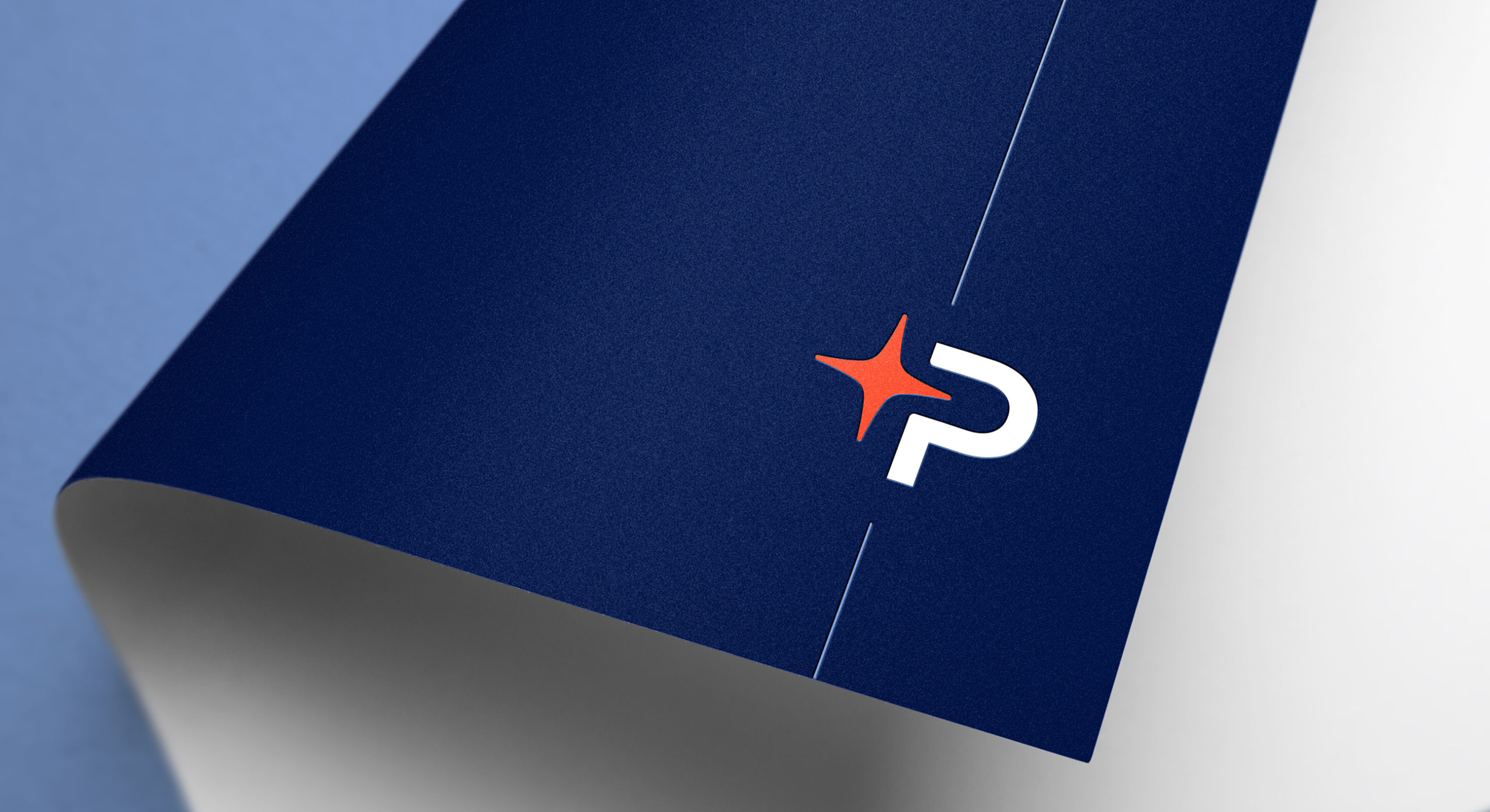 The branding can also be used as a decorative device whereby only the P initial and star element is used in conjunction with a blue line which anchors the element to page margins.