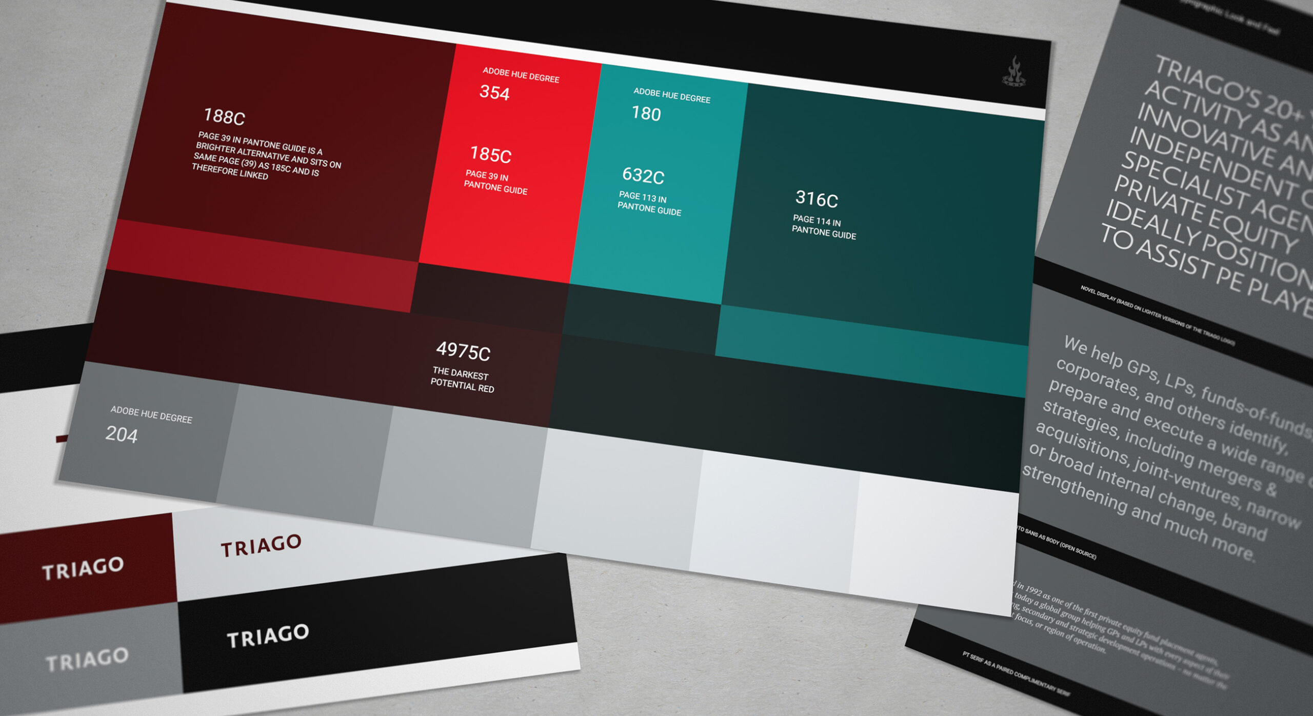 We combined a cool red with a complimentary teal in the identity. We then provided a locked in hue scale that advised on various tones which structured colour across various graphic elements.