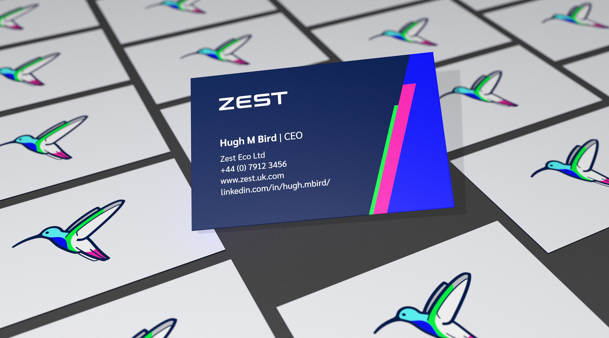 The business card harnesses the impact of the bold colour palette.