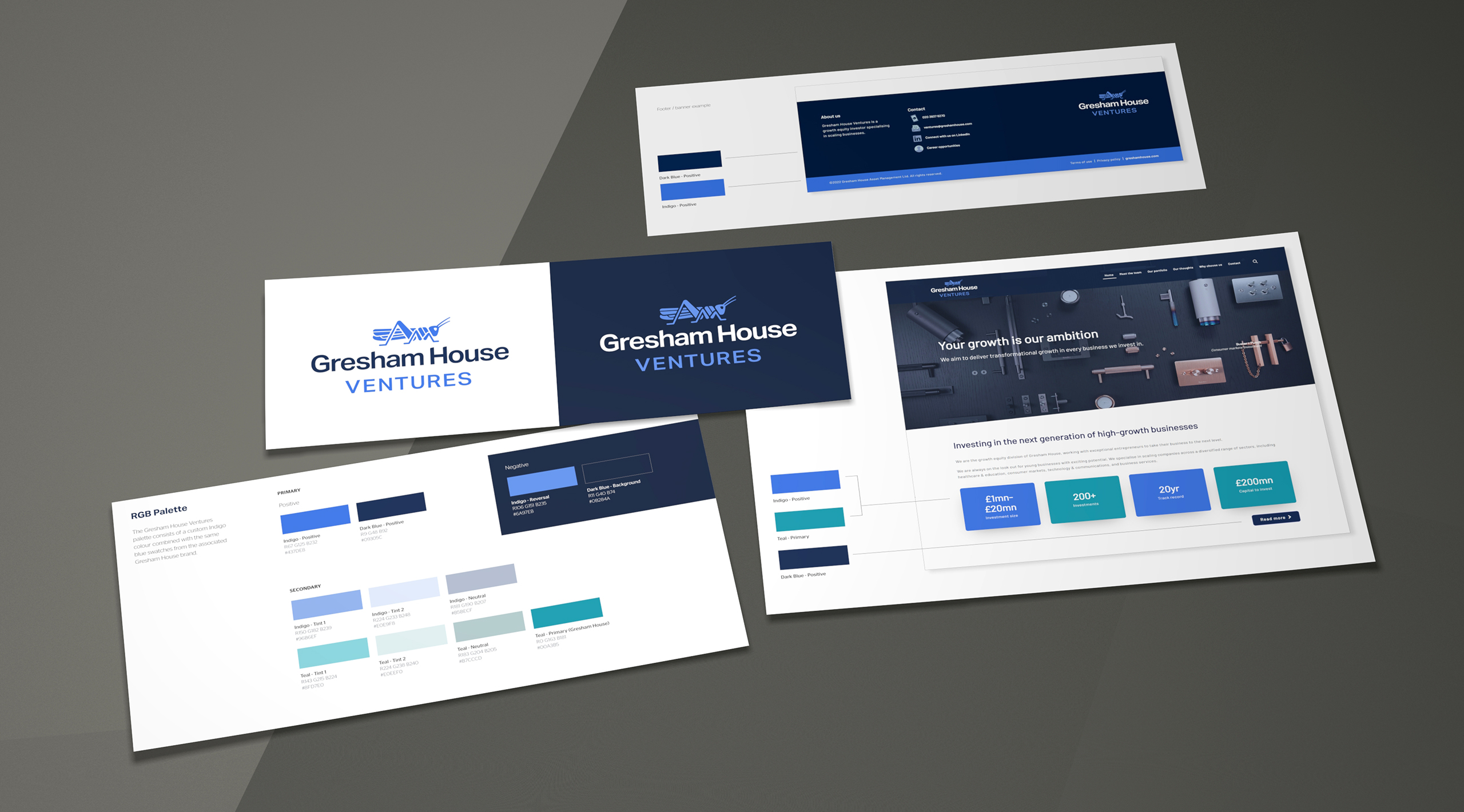 We provided a sub brand for Gresham House Ventures. The connection to the primary brand was of most importance - hence the simple change of colour and supporting business unit suffix.